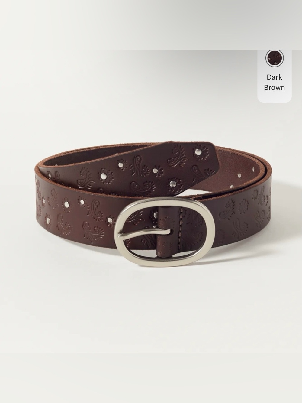 Lucky Brand Paisley Stud Dark Brwn Embossed Leather Belt with Silver Oval Buckle